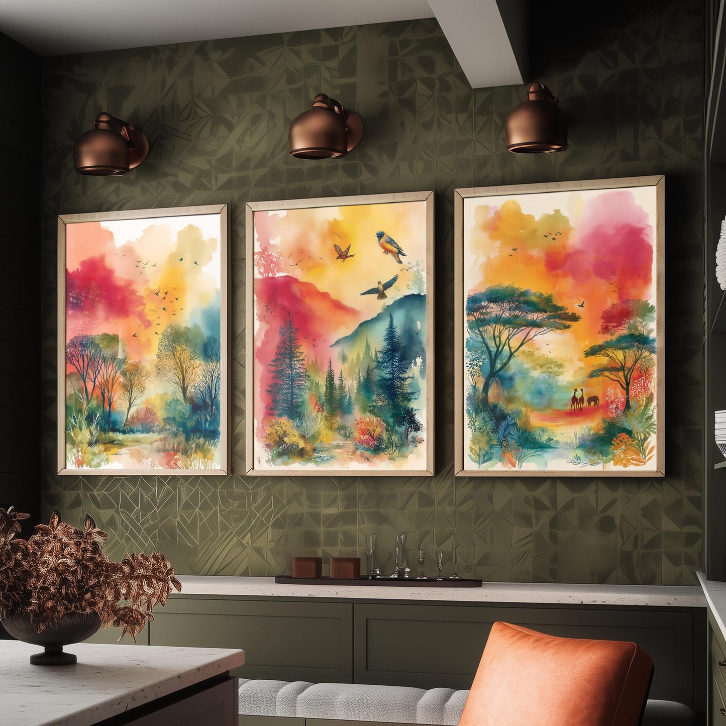 Tanzania Serengeti Set of Three Art Prints - Giraffe Acacia Tree Bird Safari Poster - Watercolour Savanna Illustration