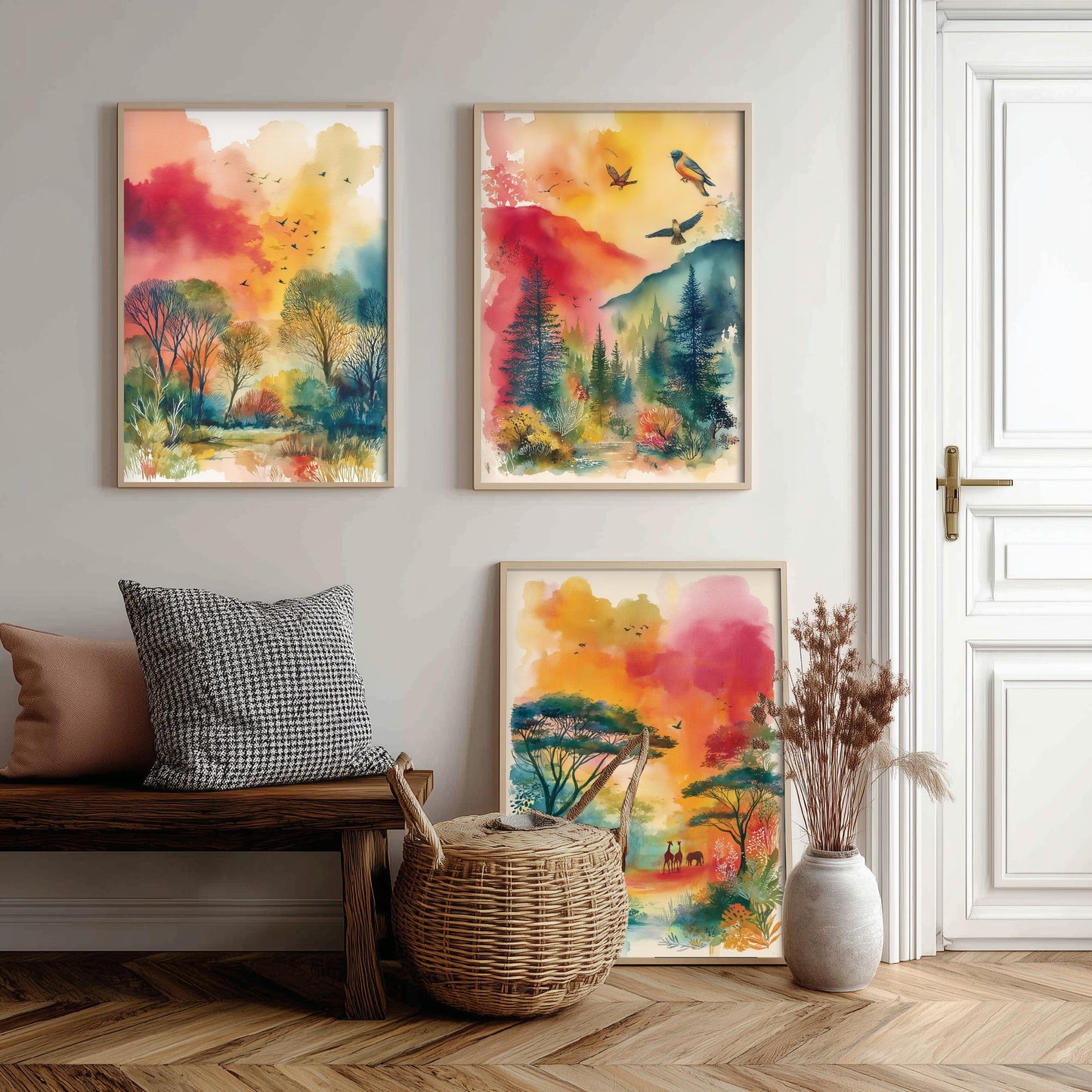 Tanzania Serengeti Set of Three Art Prints - Giraffe Acacia Tree Bird Safari Poster - Watercolour Savanna Illustration