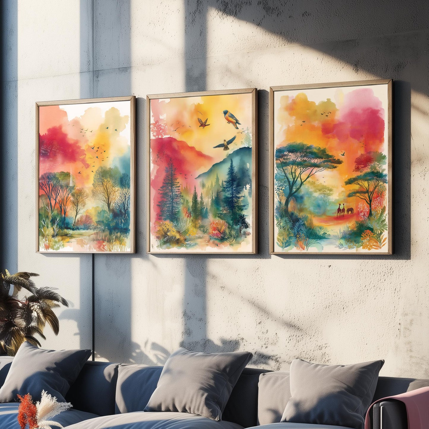 Tanzania Serengeti Set of Three Art Prints - Giraffe Acacia Tree Bird Safari Poster - Watercolour Savanna Illustration