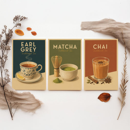 Vintage Tea Set of Three Kitchen Art Prints - Earl Grey, Matcha, Chai - Retro Foodie Poster Illustration Gift Wall Decor