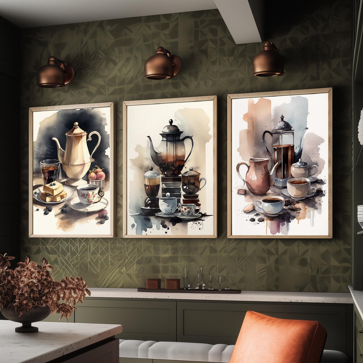 Teapots and Teacups Set of Three Art Prints - Watercolour Tea and Coffee Still Life - Kitchen Poster Painting