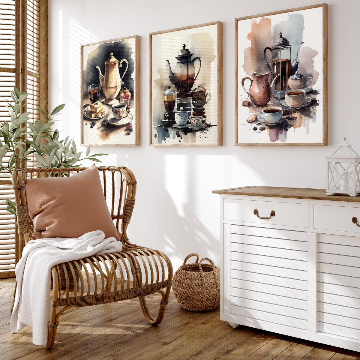 Teapots and Teacups Set of Three Art Prints - Watercolour Tea and Coffee Still Life - Kitchen Poster Painting
