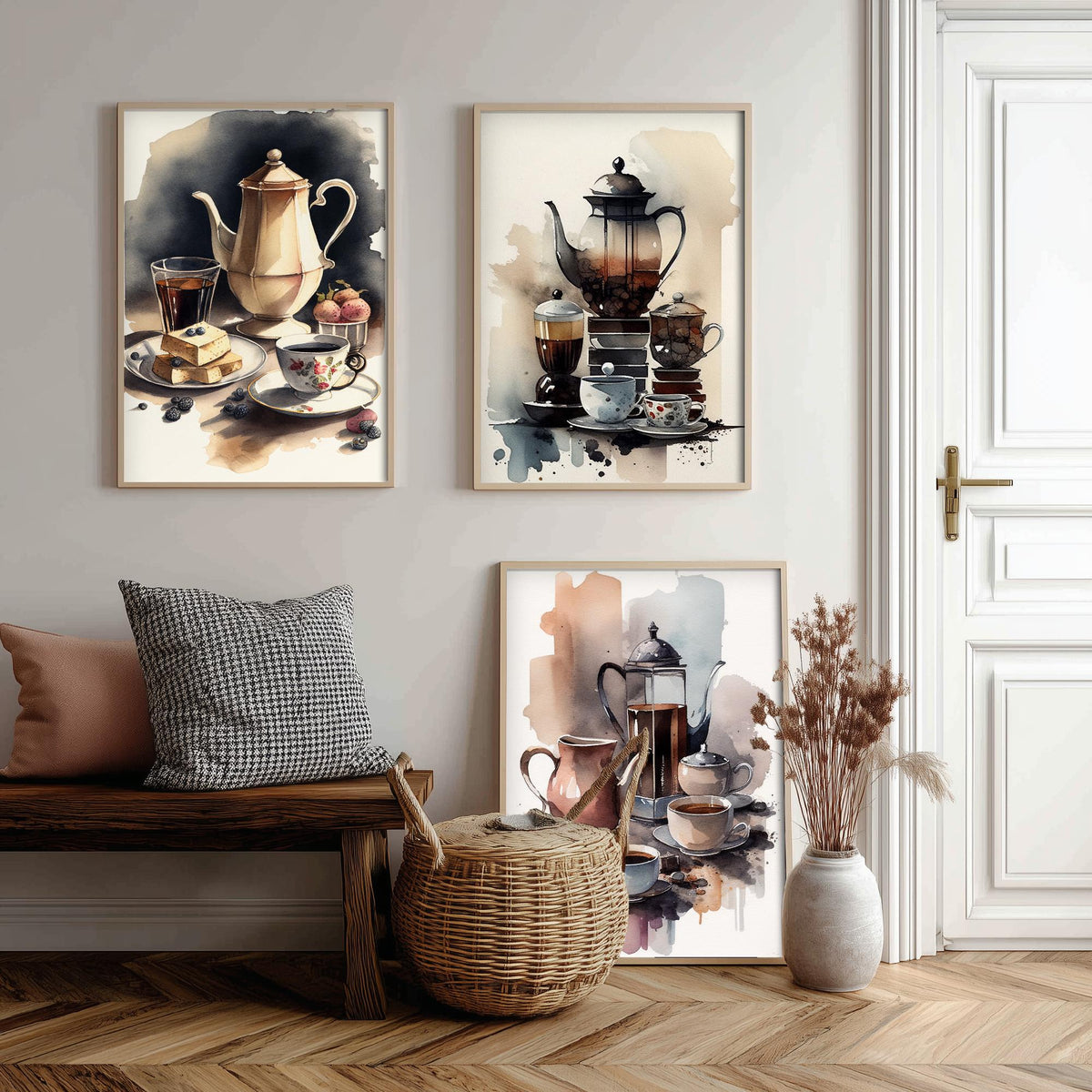 Teapots and Teacups Set of Three Art Prints - Watercolour Tea and Coffee Still Life - Kitchen Poster Painting