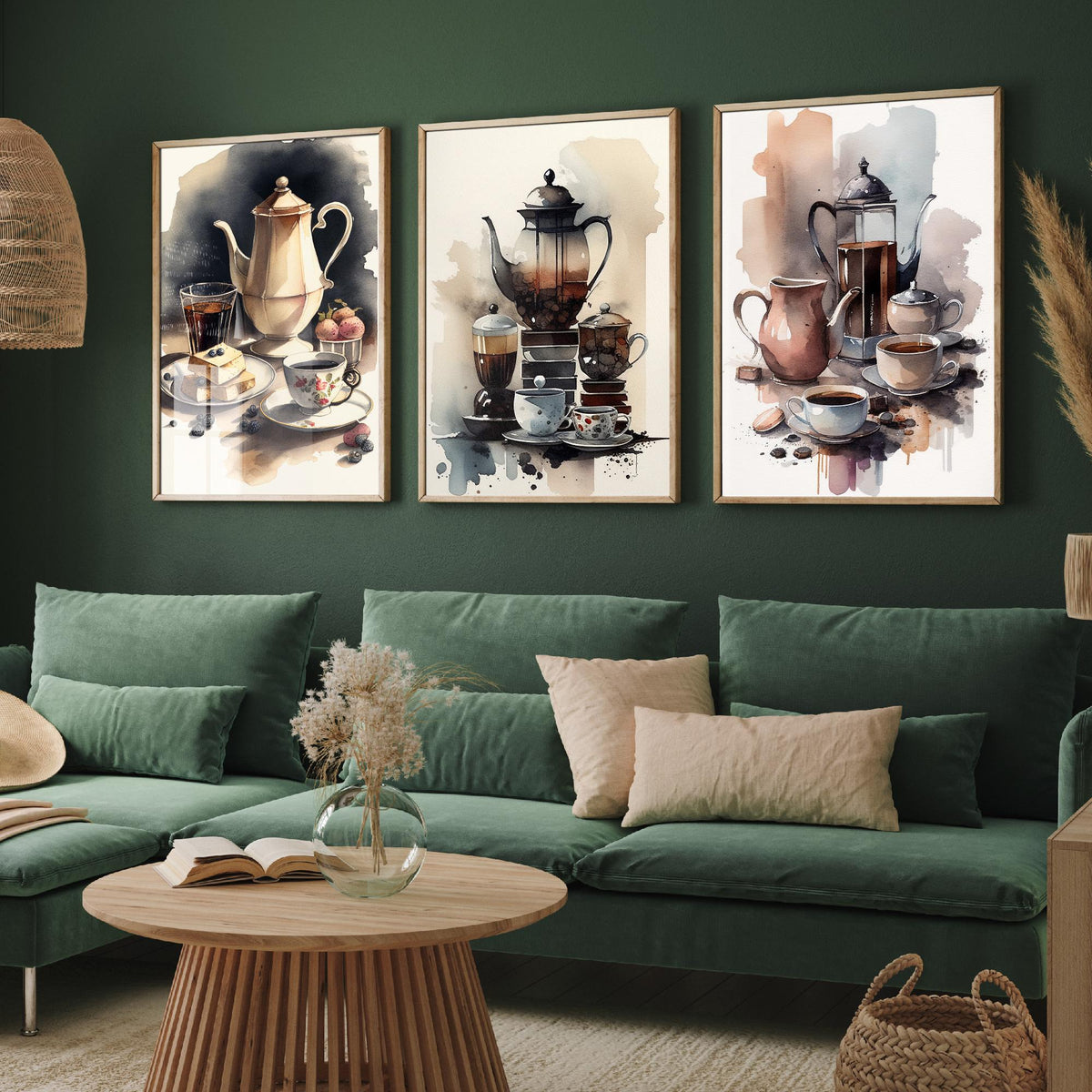 Teapots and Teacups Set of Three Art Prints - Watercolour Tea and Coffee Still Life - Kitchen Poster Painting