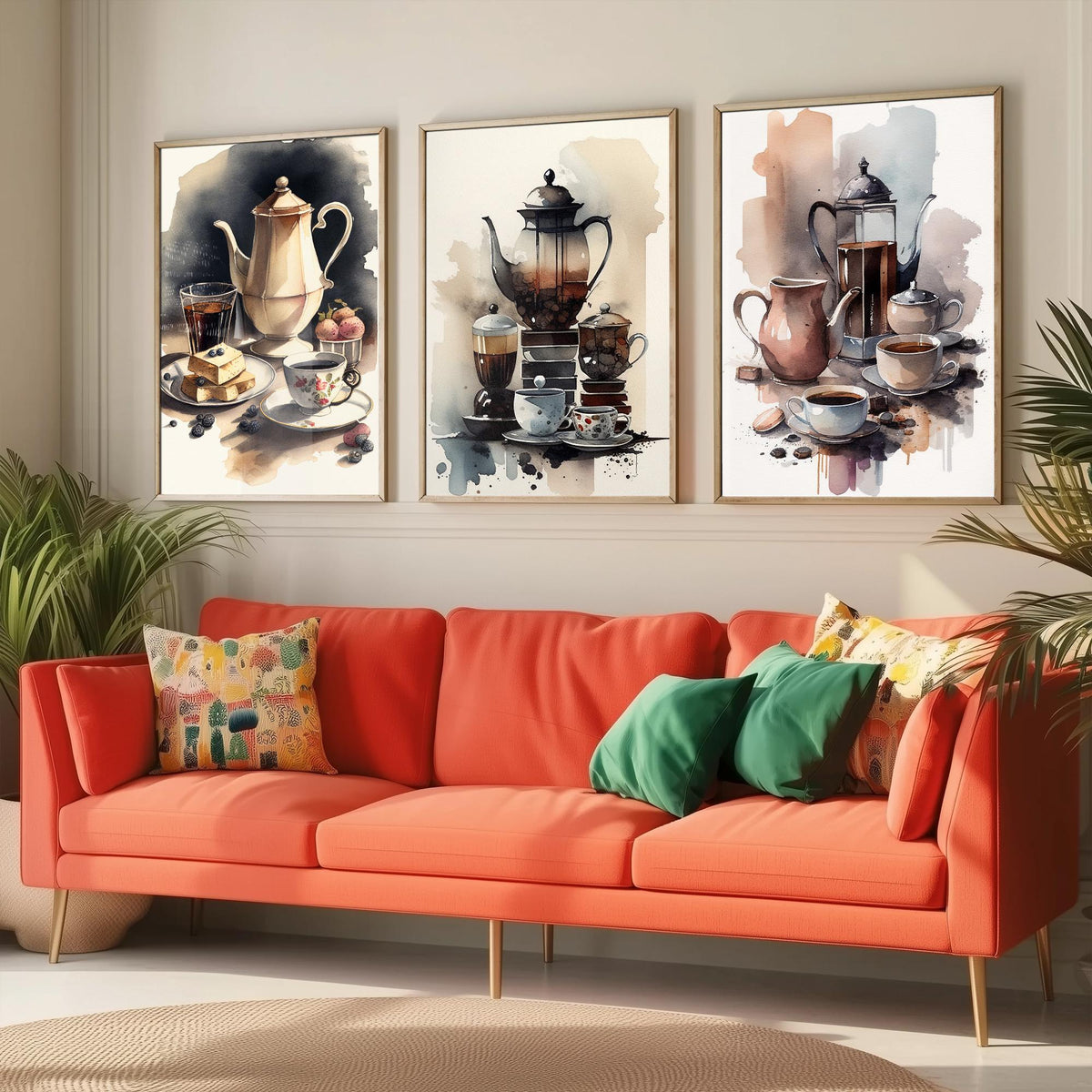 Teapots and Teacups Set of Three Art Prints - Watercolour Tea and Coffee Still Life - Kitchen Poster Painting