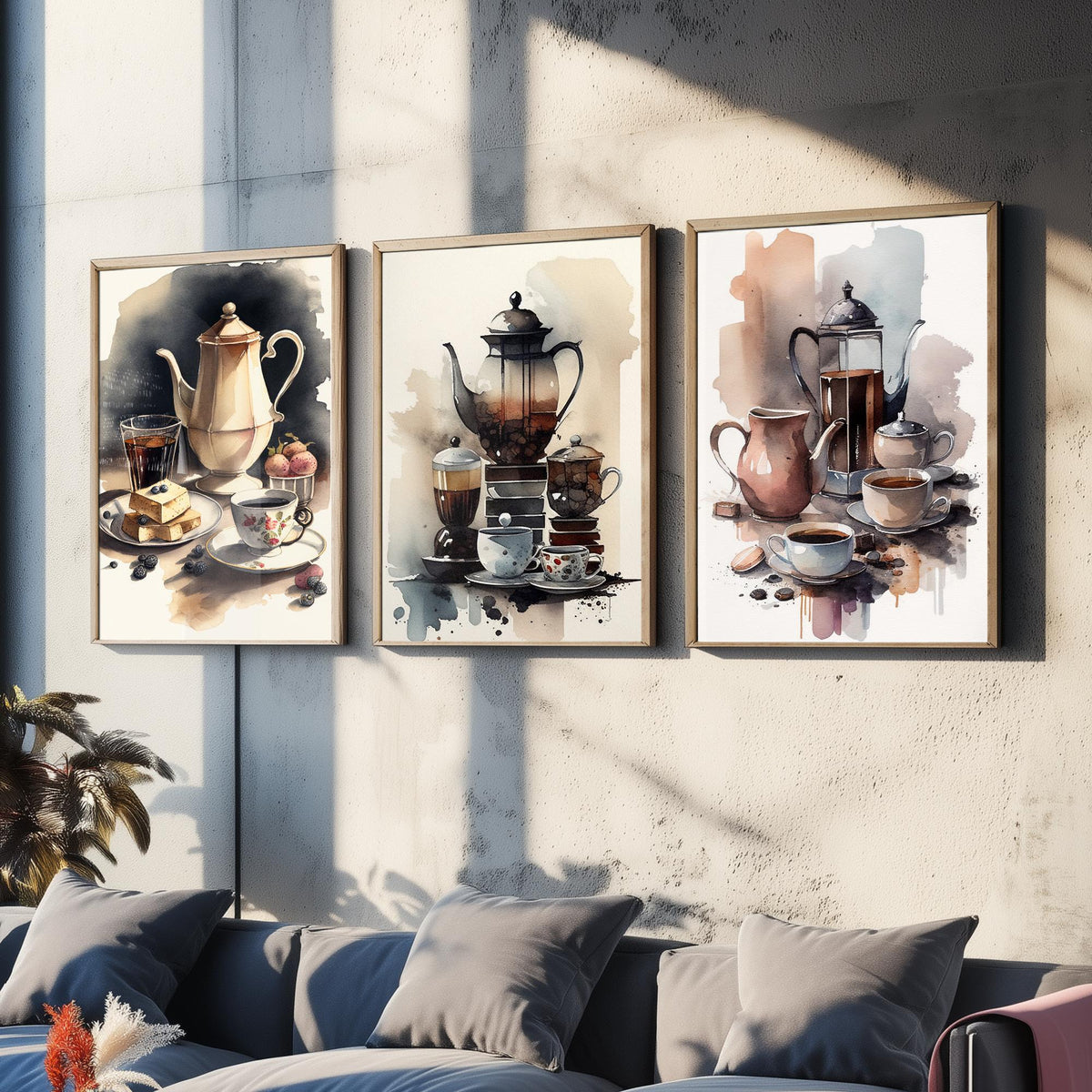 Teapots and Teacups Set of Three Art Prints - Watercolour Tea and Coffee Still Life - Kitchen Poster Painting