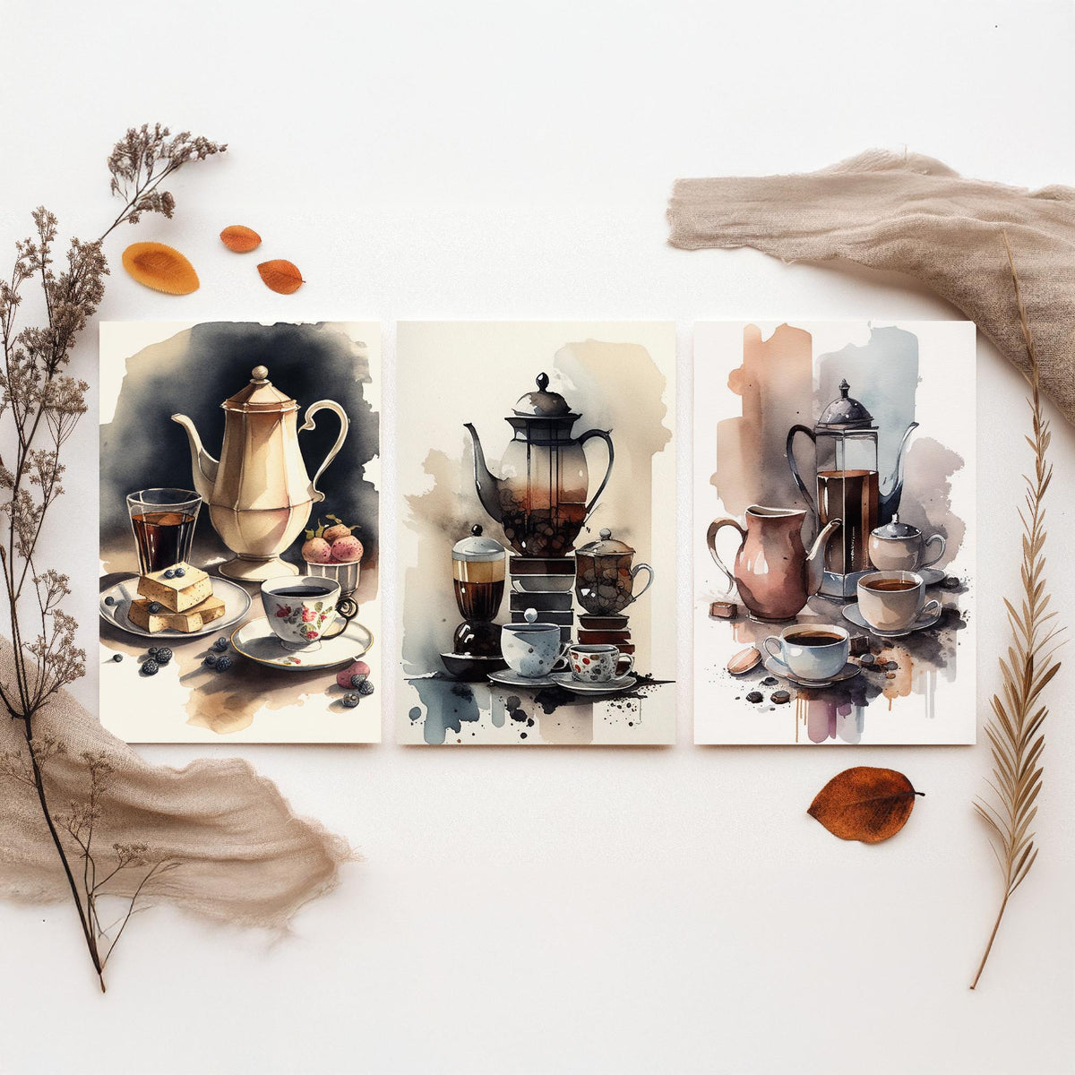 Teapots and Teacups Set of Three Art Prints - Watercolour Tea and Coffee Still Life - Kitchen Poster Painting