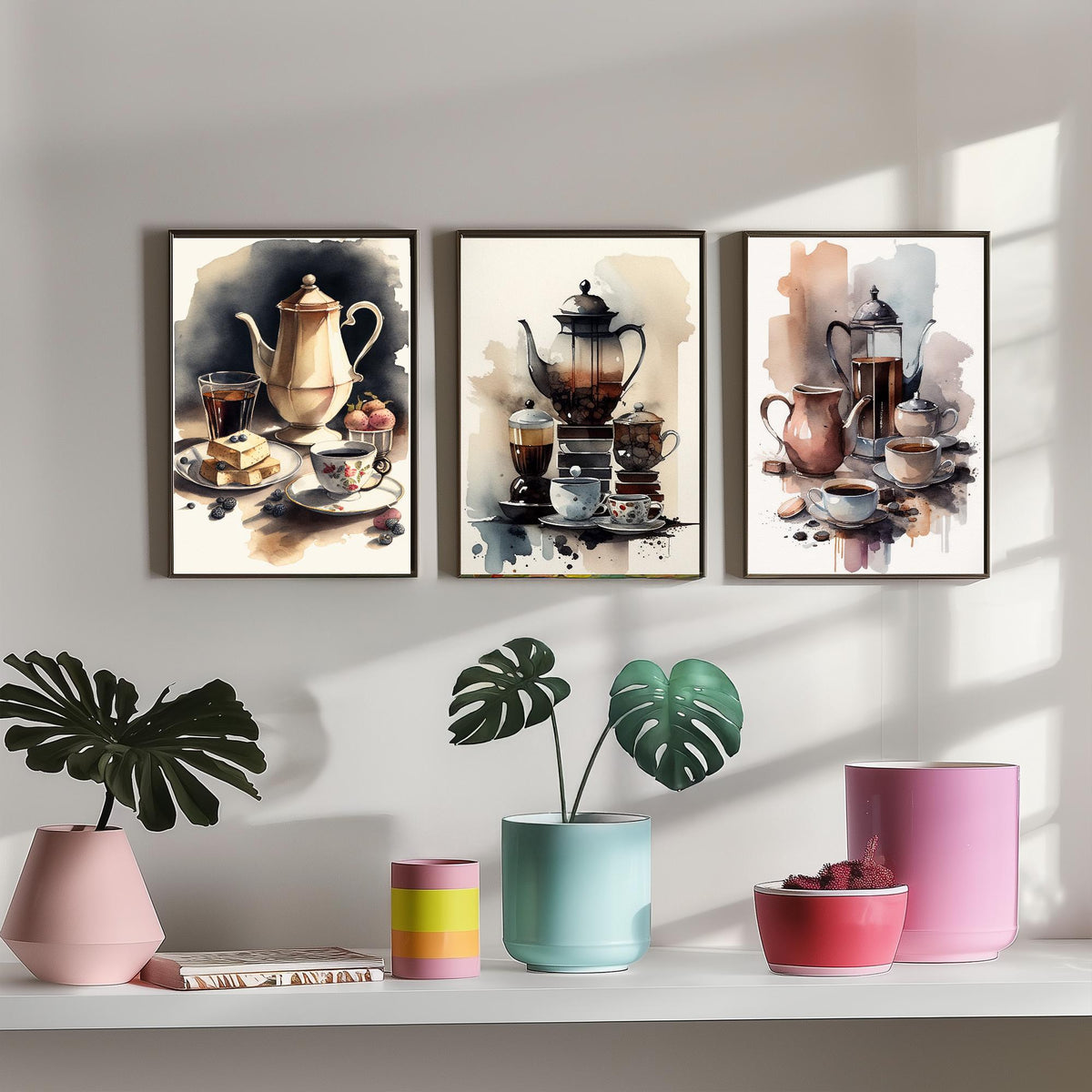 Teapots and Teacups Set of Three Art Prints - Watercolour Tea and Coffee Still Life - Kitchen Poster Painting