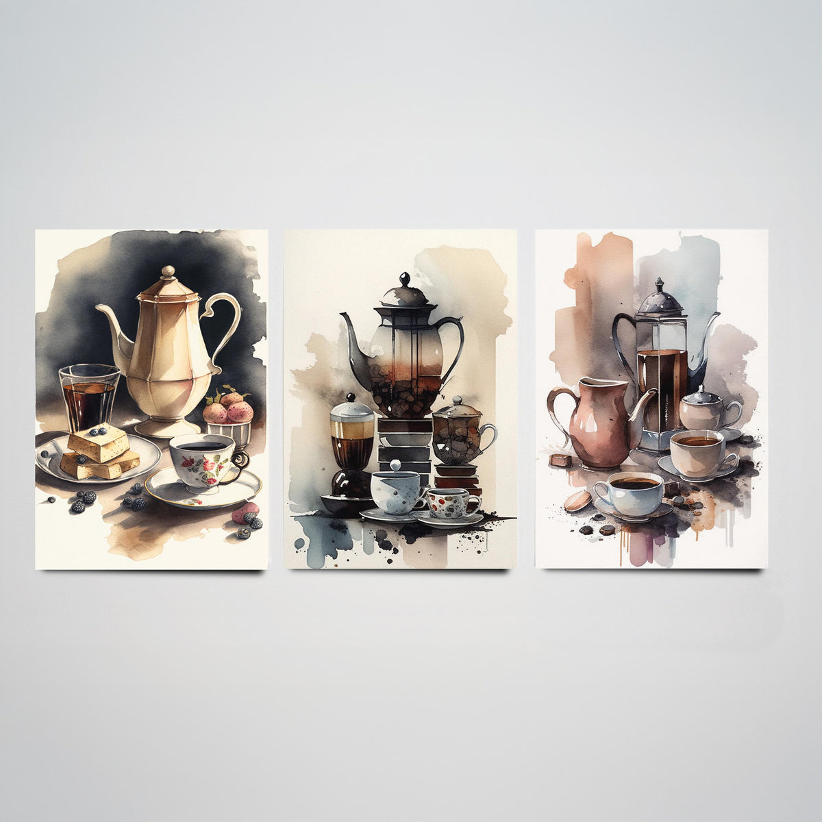 Teapots and Teacups Set of Three Art Prints - Watercolour Tea and Coffee Still Life - Kitchen Poster Painting