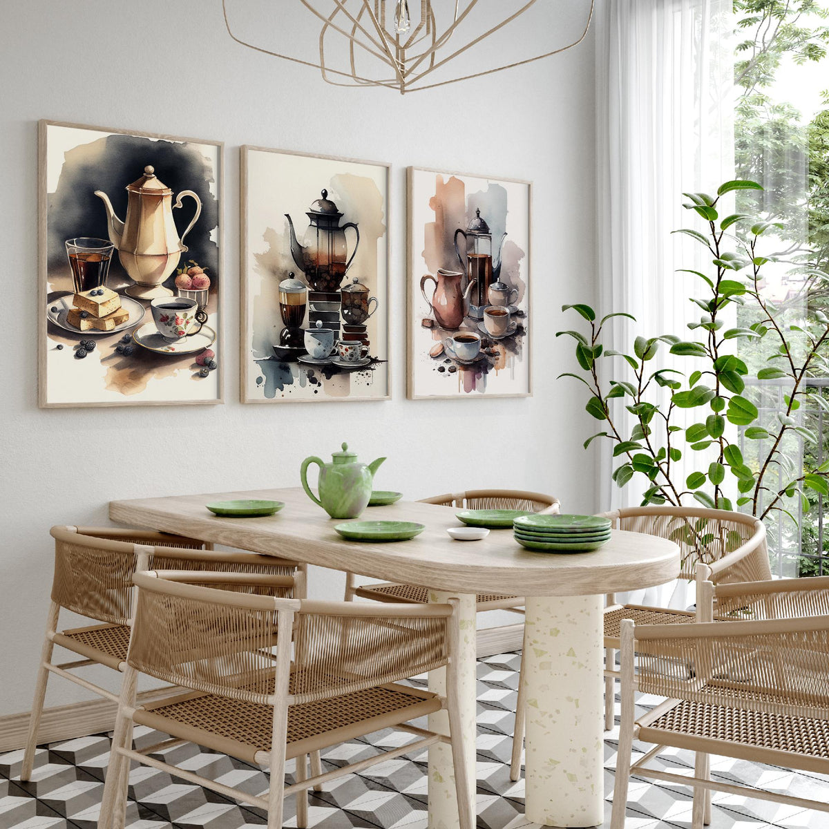 Teapots and Teacups Set of Three Art Prints - Watercolour Tea and Coffee Still Life - Kitchen Poster Painting