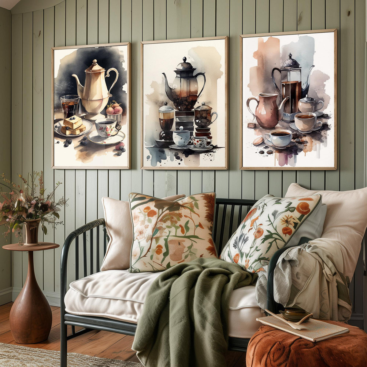 Teapots and Teacups Set of Three Art Prints - Watercolour Tea and Coffee Still Life - Kitchen Poster Painting