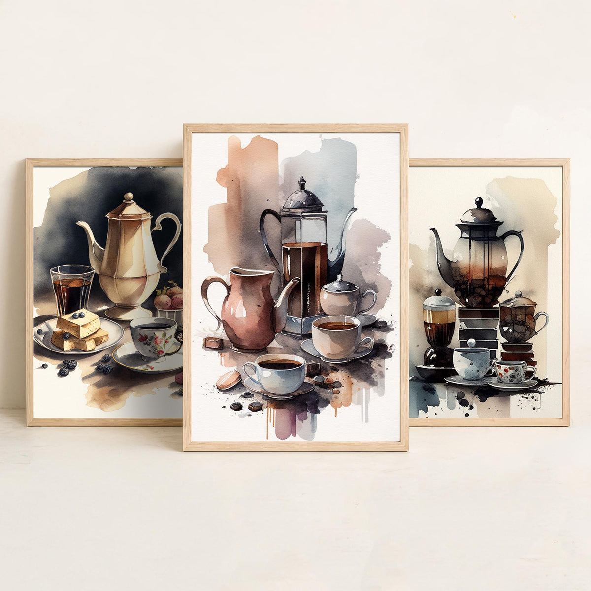 Teapots and Teacups Set of Three Art Prints - Watercolour Tea and Coffee Still Life - Kitchen Poster Painting