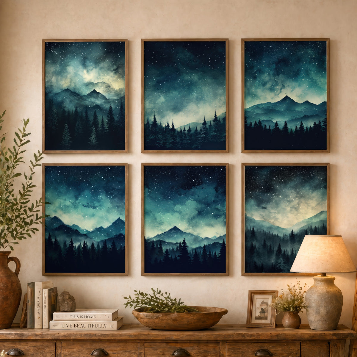 Set of Six Starry Night Mountain Art Prints - 6 Teal Forest Posters - Star Filled Sky, Pine Trees, Misty Peaks Watercolour Painting