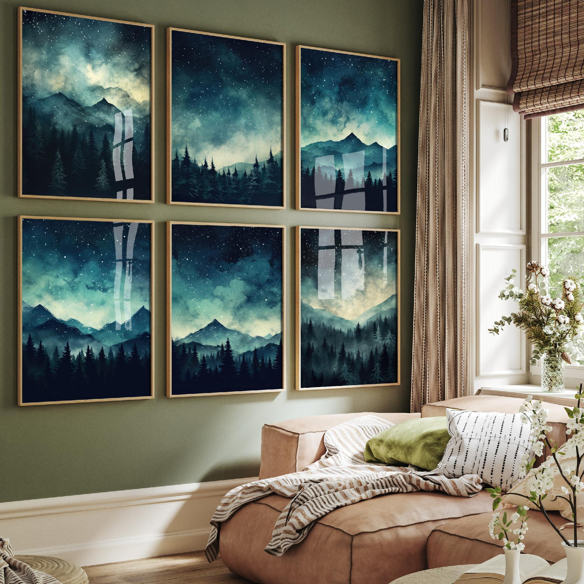 Set of Six Starry Night Mountain Art Prints - 6 Teal Forest Posters - Star Filled Sky, Pine Trees, Misty Peaks Watercolour Painting