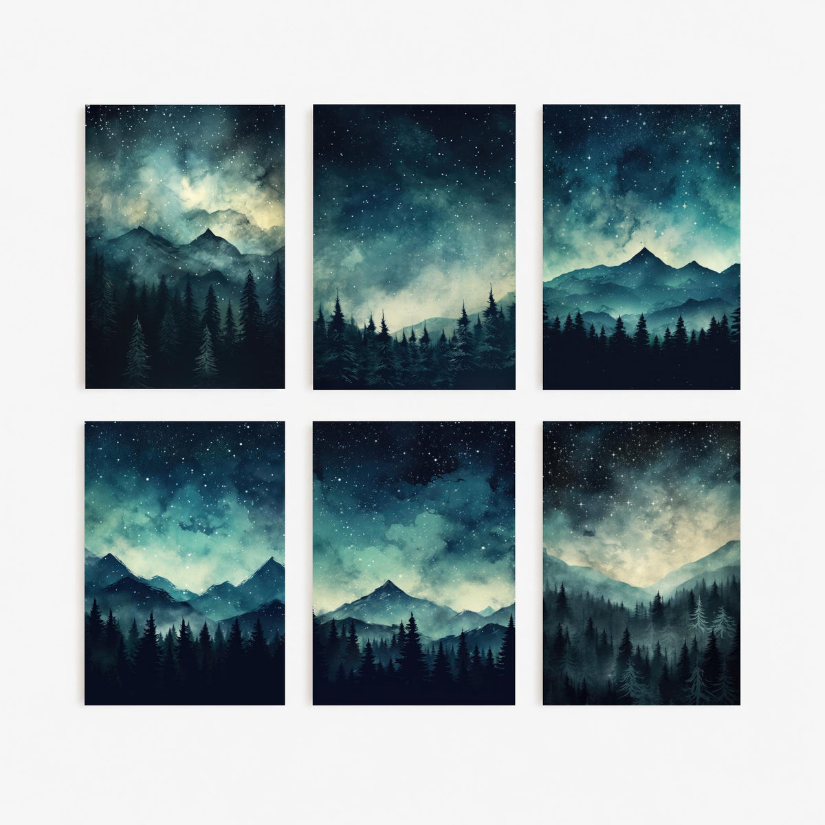 Set of Six Starry Night Mountain Art Prints - 6 Teal Forest Posters - Star Filled Sky, Pine Trees, Misty Peaks Watercolour Painting