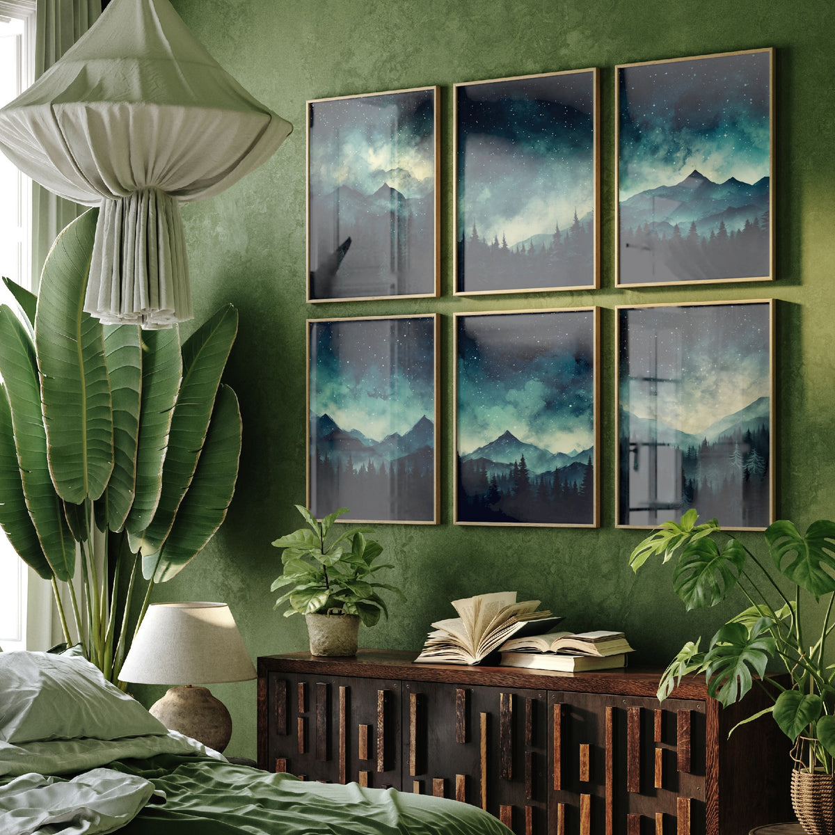 Set of Six Starry Night Mountain Art Prints - 6 Teal Forest Posters - Star Filled Sky, Pine Trees, Misty Peaks Watercolour Painting
