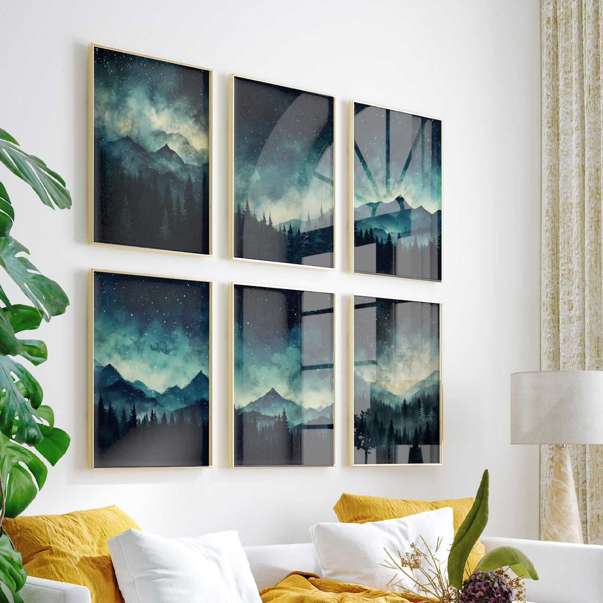 Set of Six Starry Night Mountain Art Prints - 6 Teal Forest Posters - Star Filled Sky, Pine Trees, Misty Peaks Watercolour Painting