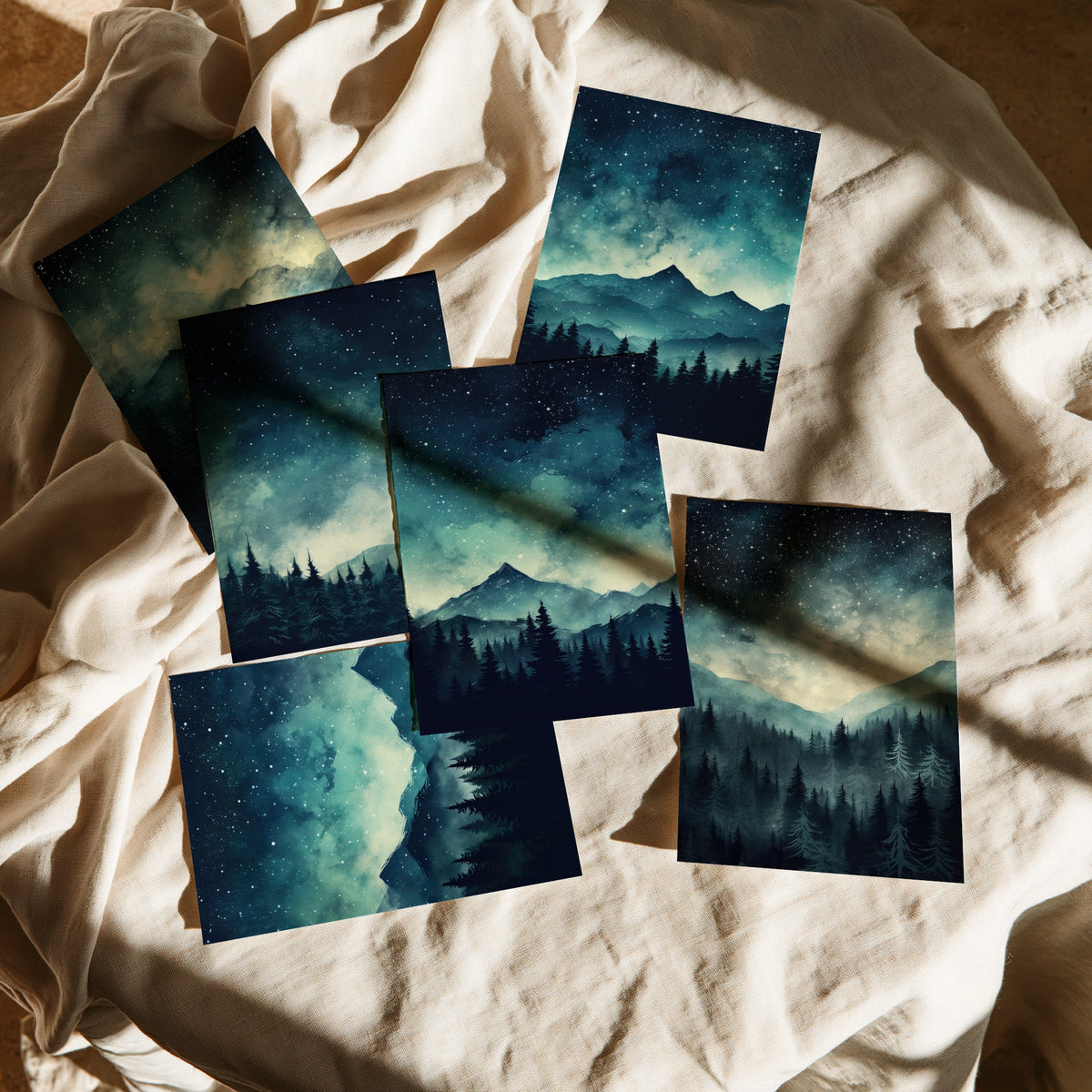 Set of Six Starry Night Mountain Art Prints - 6 Teal Forest Posters - Star Filled Sky, Pine Trees, Misty Peaks Watercolour Painting