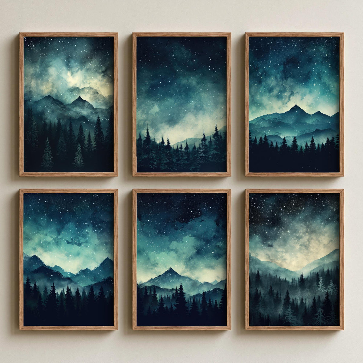 Set of Six Starry Night Mountain Art Prints - 6 Teal Forest Posters - Star Filled Sky, Pine Trees, Misty Peaks Watercolour Painting