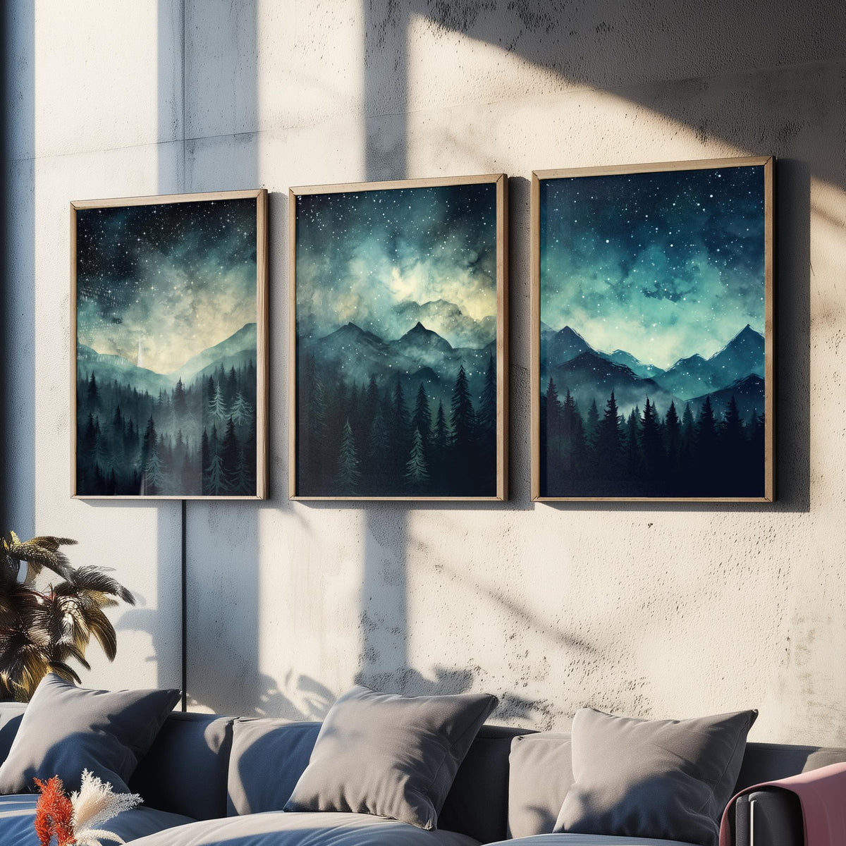 Teal Starry Night Mountains Set of Three Art Prints - Misty Pine Forest Under a Dark Sky Full of Stars - Watercolour Poster