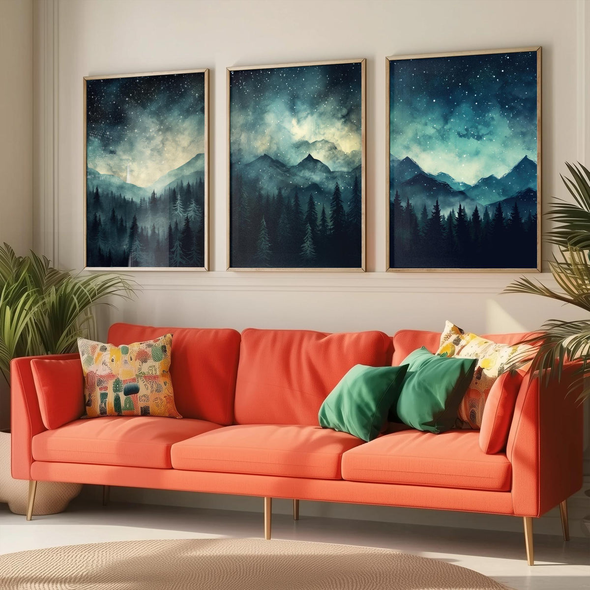 Teal Starry Night Mountains Set of Three Art Prints - Misty Pine Forest Under a Dark Sky Full of Stars - Watercolour Poster