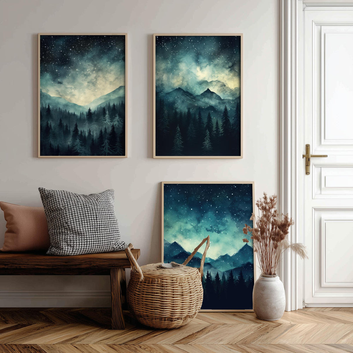 Teal Starry Night Mountains Set of Three Art Prints - Misty Pine Forest Under a Dark Sky Full of Stars - Watercolour Poster