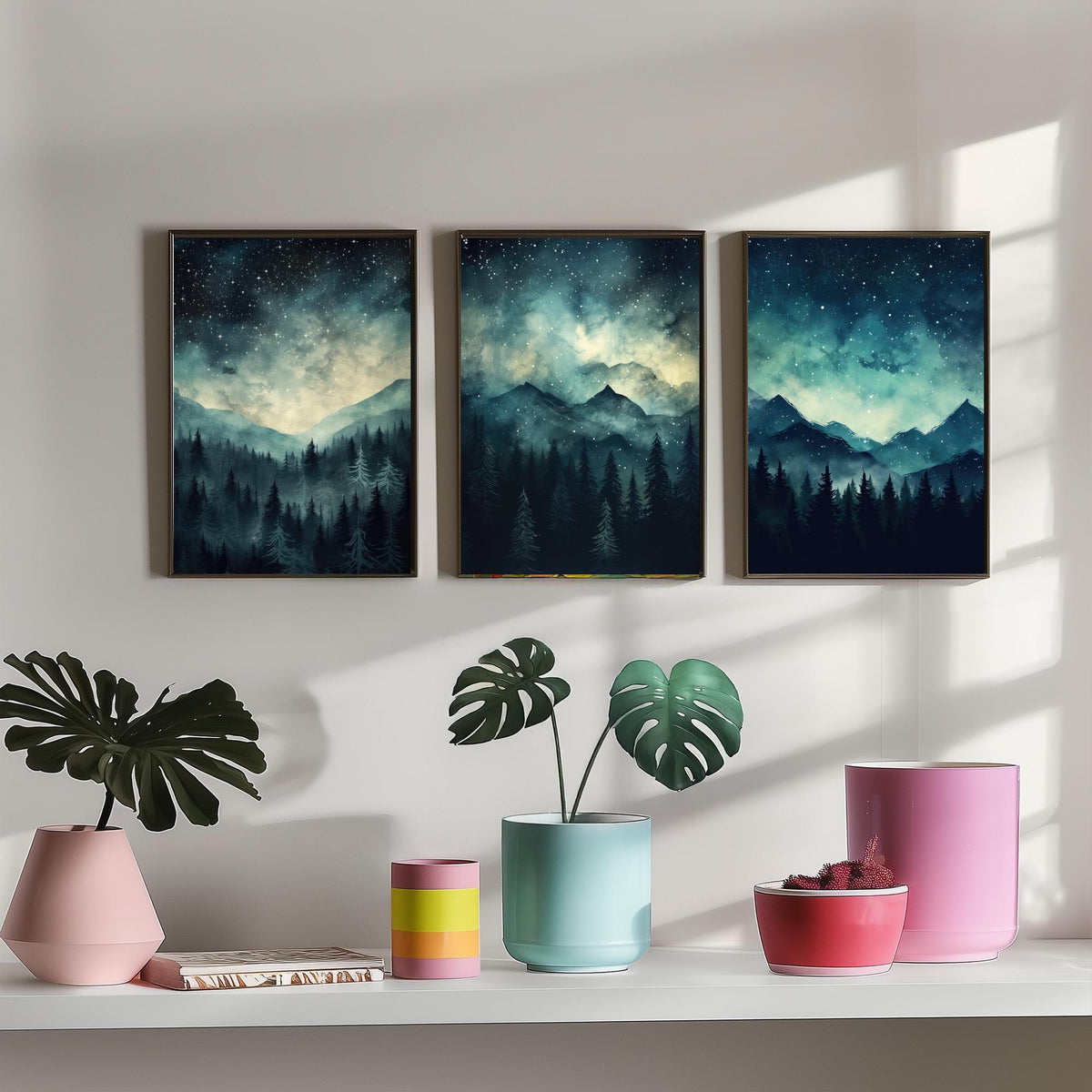 Teal Starry Night Mountains Set of Three Art Prints - Misty Pine Forest Under a Dark Sky Full of Stars - Watercolour Poster