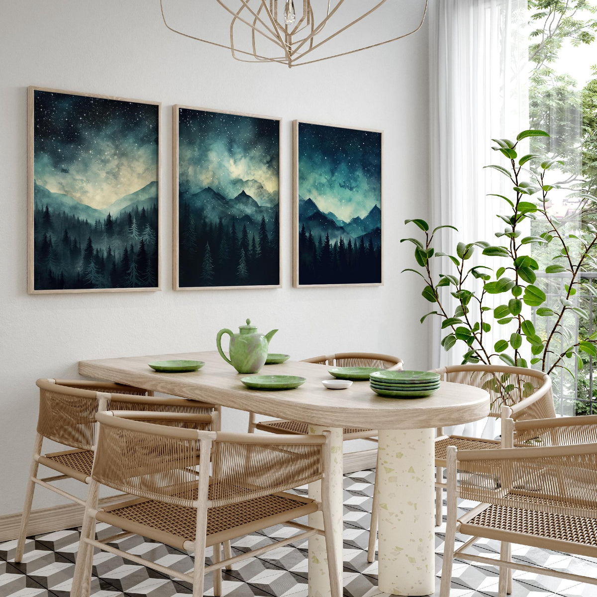 Teal Starry Night Mountains Set of Three Art Prints - Misty Pine Forest Under a Dark Sky Full of Stars - Watercolour Poster