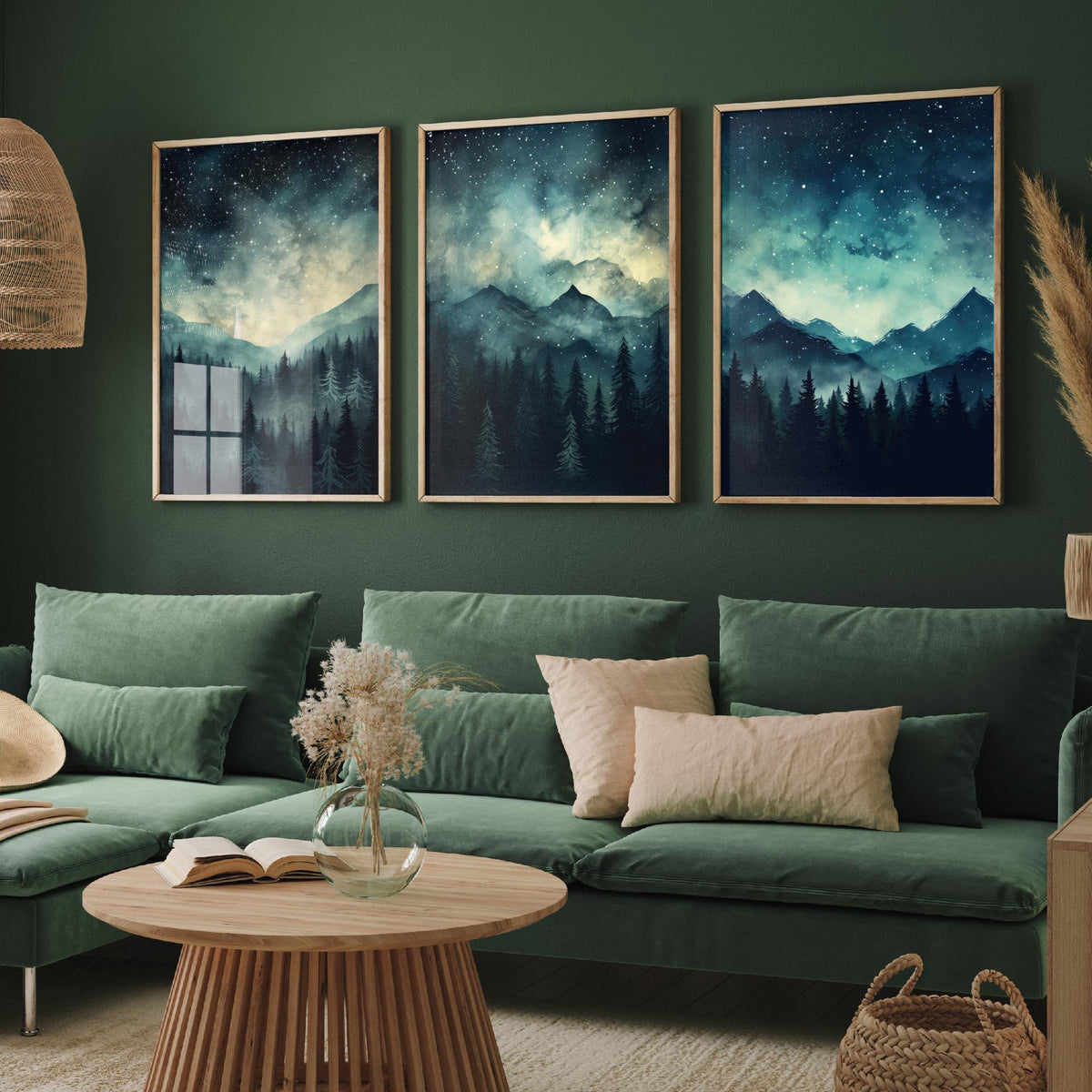 Teal Starry Night Mountains Set of Three Art Prints - Misty Pine Forest Under a Dark Sky Full of Stars - Watercolour Poster