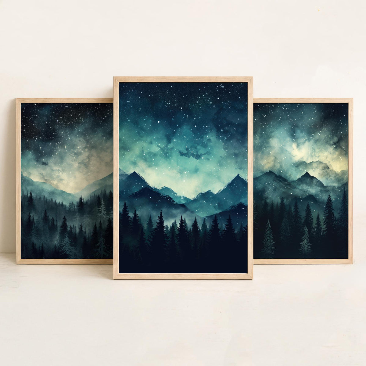 Teal Starry Night Mountains Set of Three Art Prints - Misty Pine Forest Under a Dark Sky Full of Stars - Watercolour Poster