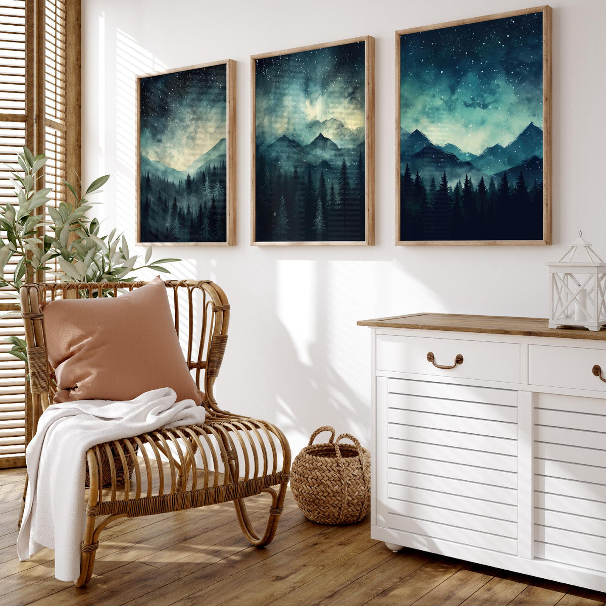 Teal Starry Night Mountains Set of Three Art Prints - Misty Pine Forest Under a Dark Sky Full of Stars - Watercolour Poster