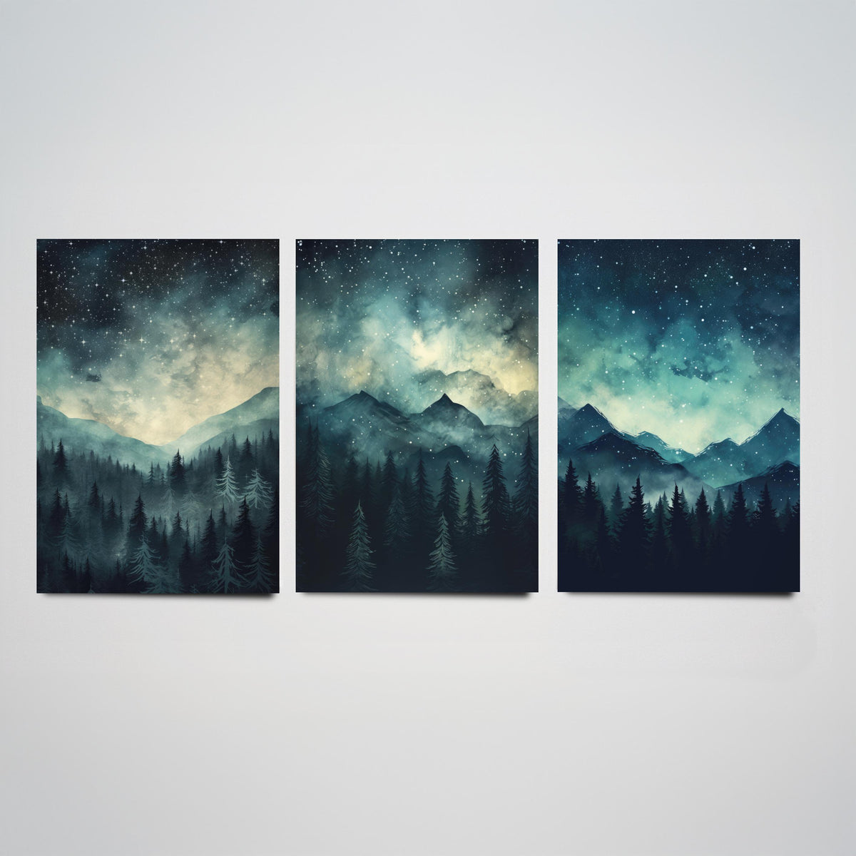 Teal Starry Night Mountains Set of Three Art Prints - Misty Pine Forest Under a Dark Sky Full of Stars - Watercolour Poster
