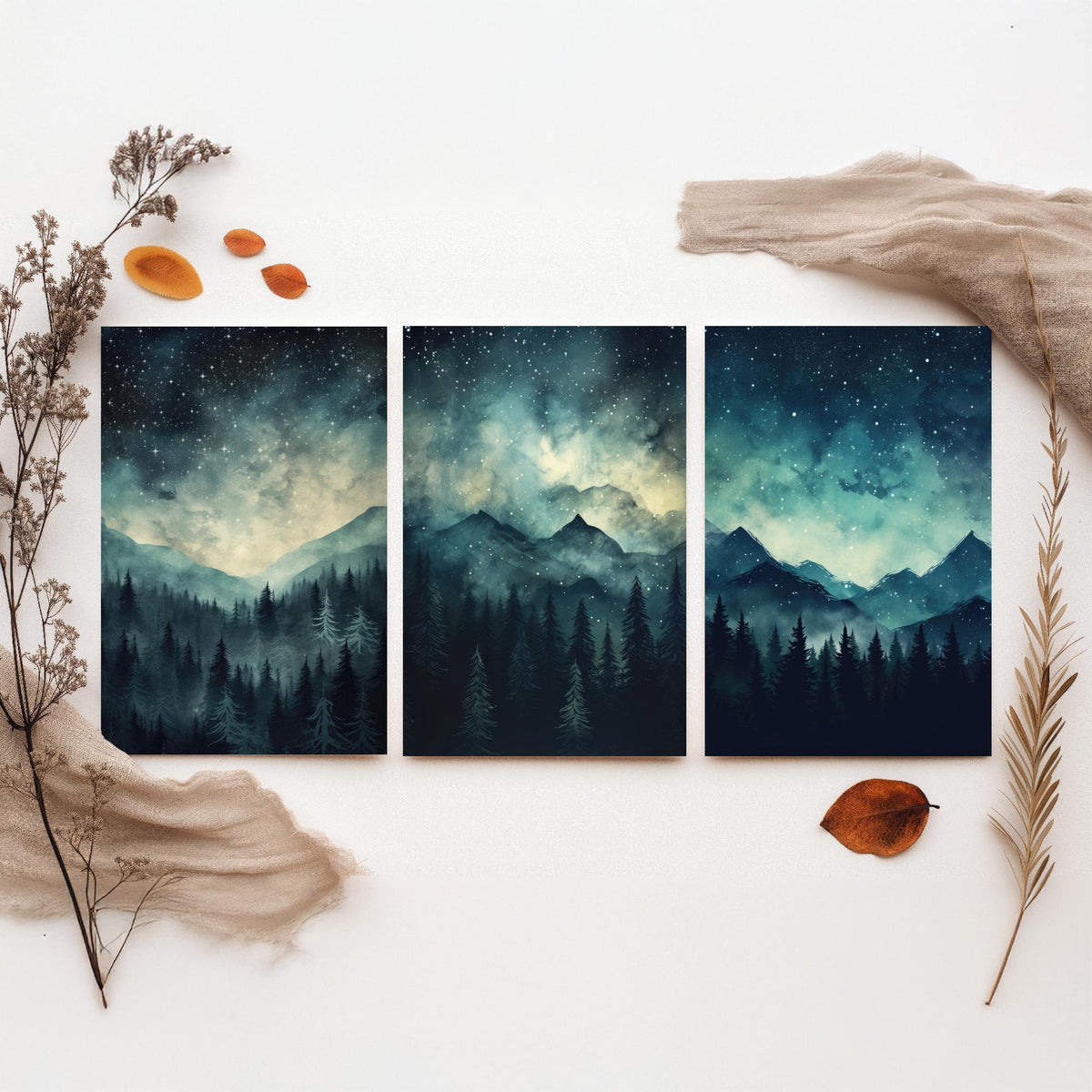 Teal Starry Night Mountains Set of Three Art Prints - Misty Pine Forest Under a Dark Sky Full of Stars - Watercolour Poster