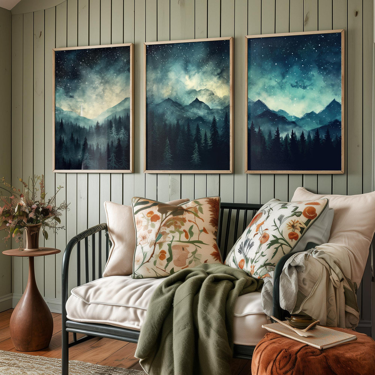 Teal Starry Night Mountains Set of Three Art Prints - Misty Pine Forest Under a Dark Sky Full of Stars - Watercolour Poster