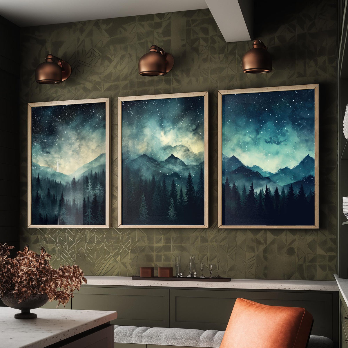 Teal Starry Night Mountains Set of Three Art Prints - Misty Pine Forest Under a Dark Sky Full of Stars - Watercolour Poster