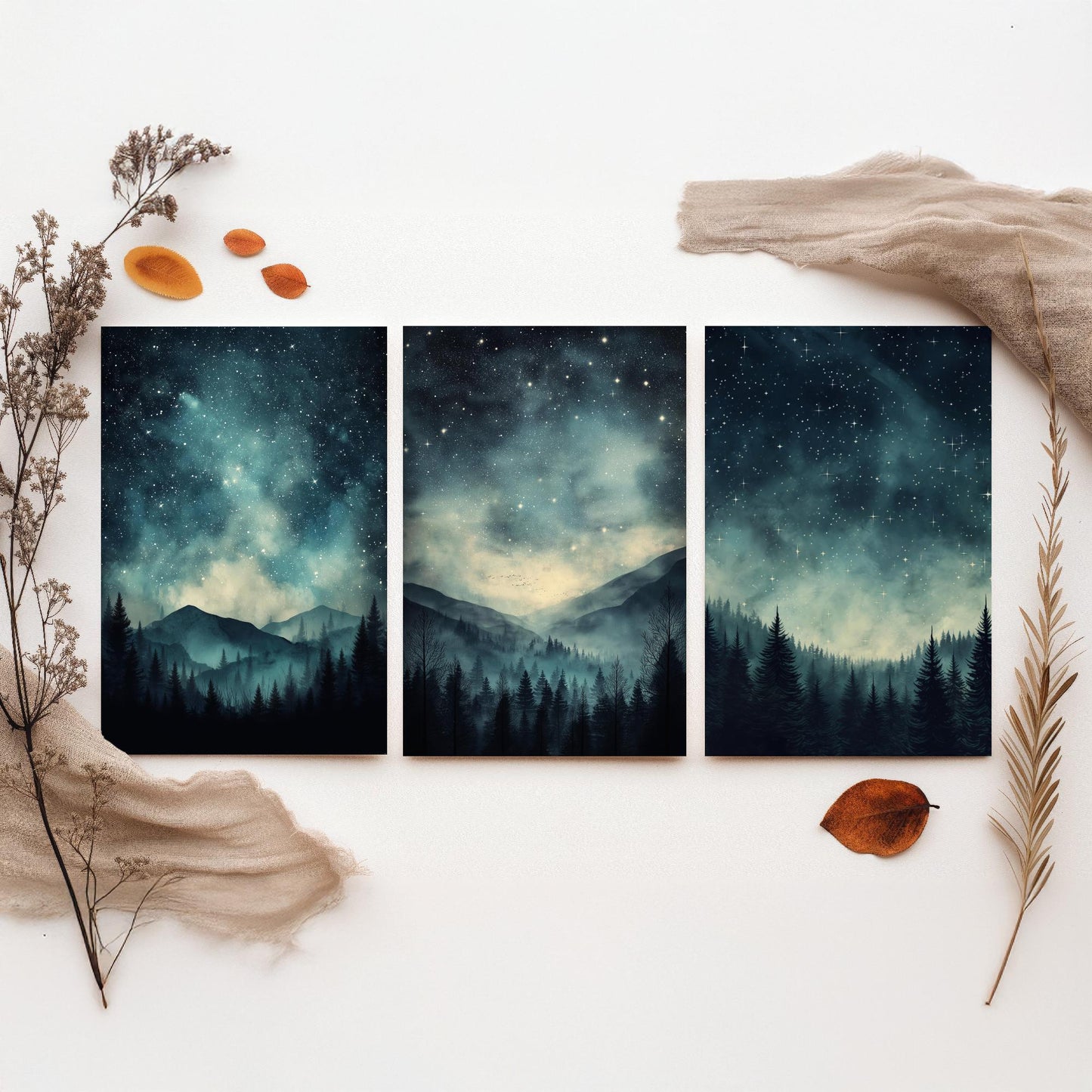 Set of Three Starry Night Art Prints - Teal Sky Misty Mountain Pine Forest Poster - Celestial Illustration Gift V3