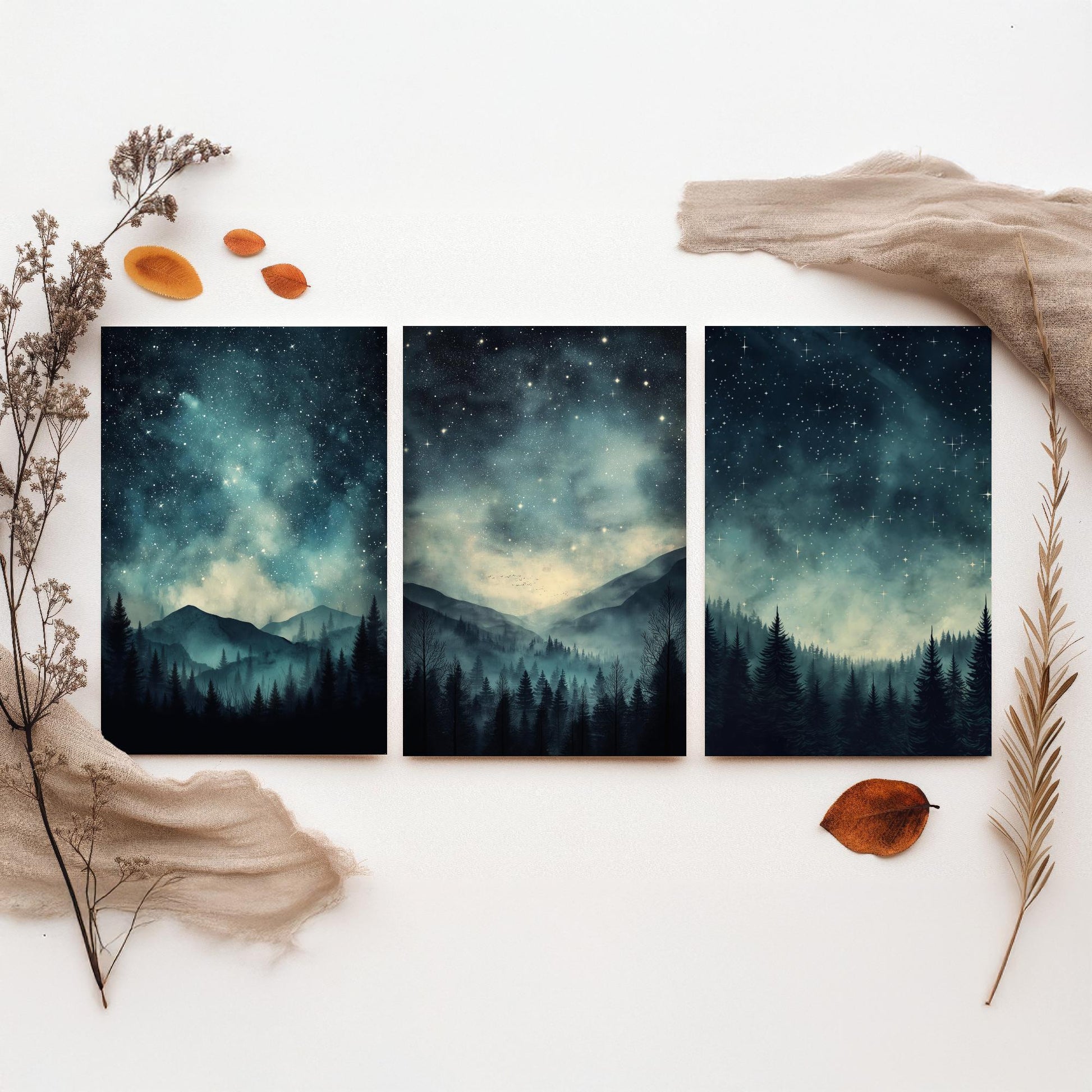 Set of Three Starry Night Art Prints - Teal Sky Misty Mountain Pine Forest Poster - Celestial Illustration Gift V3