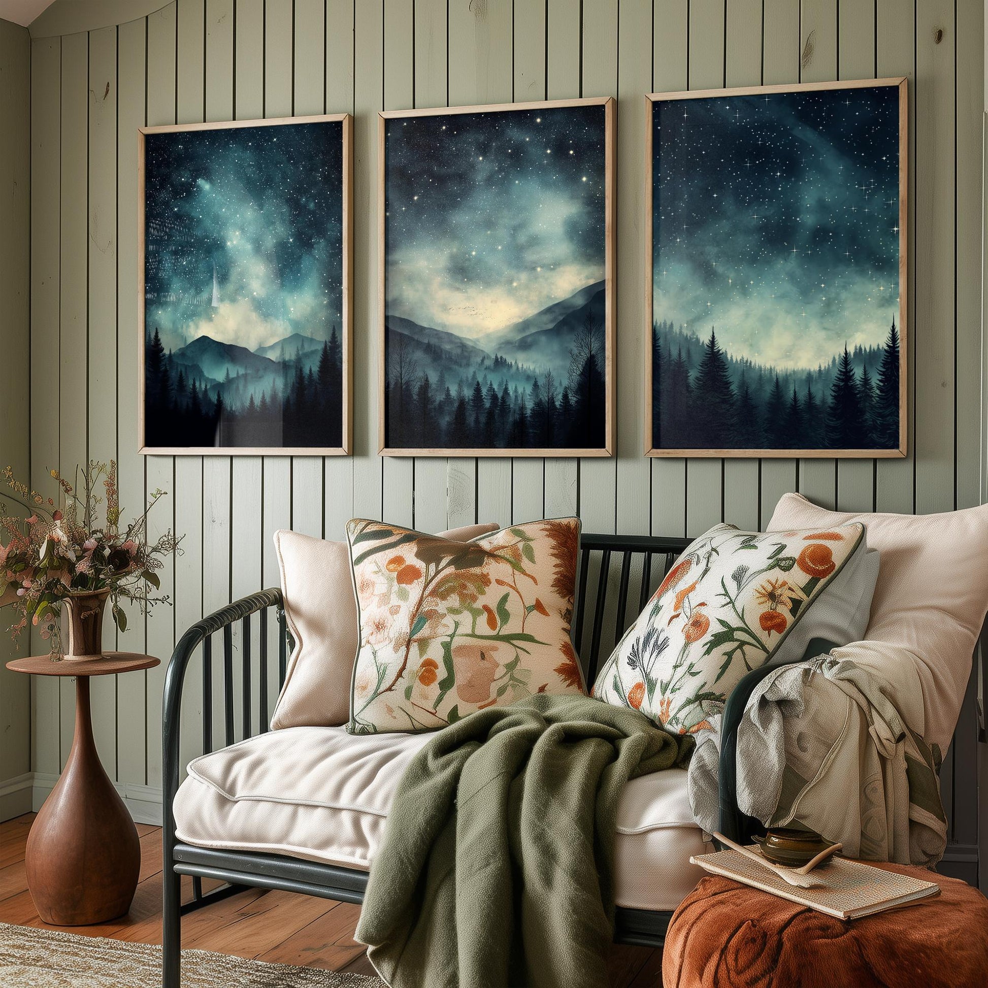Set of Three Starry Night Art Prints - Teal Sky Misty Mountain Pine Forest Poster - Celestial Illustration Gift V3