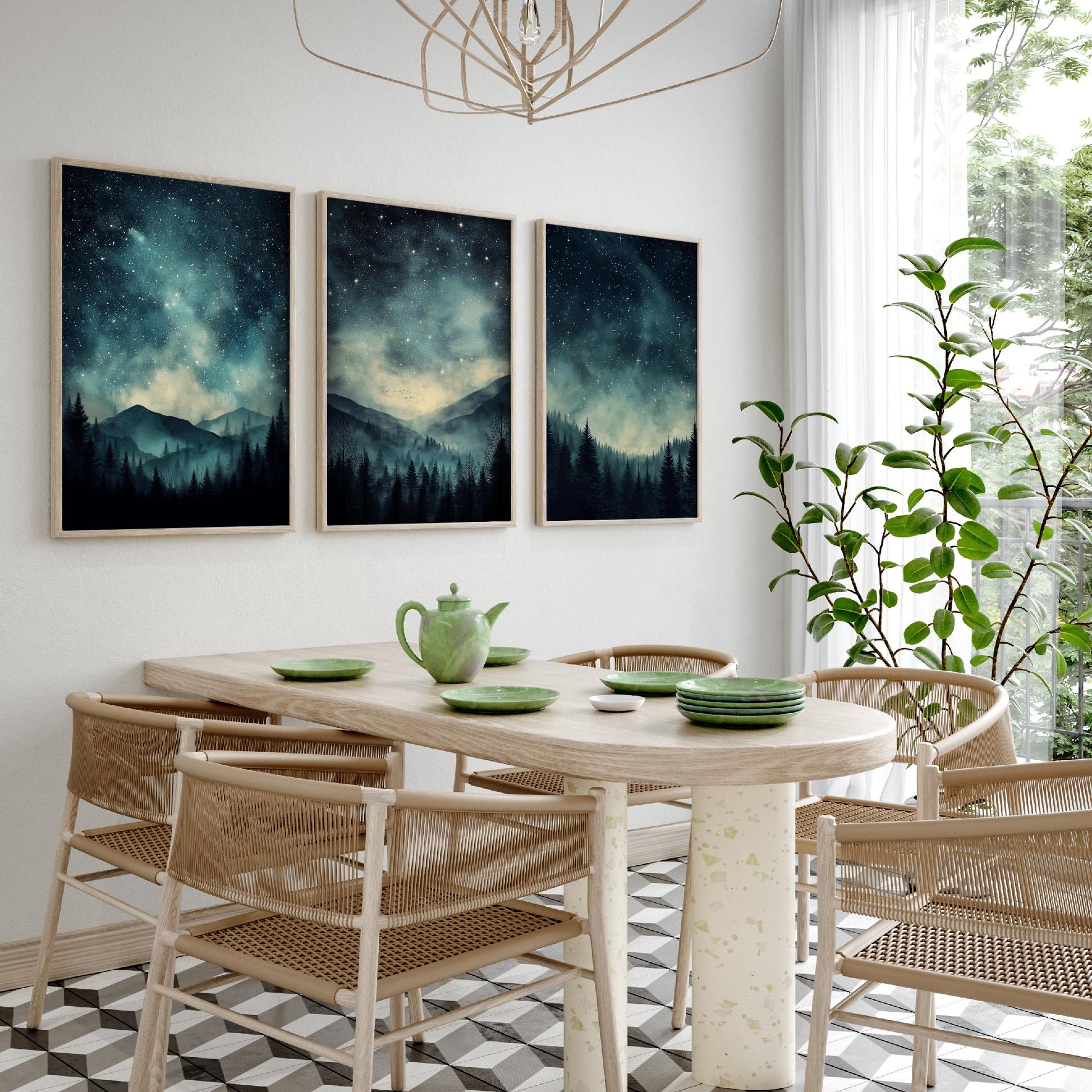 Set of Three Starry Night Art Prints - Teal Sky Misty Mountain Pine Forest Poster - Celestial Illustration Gift V3