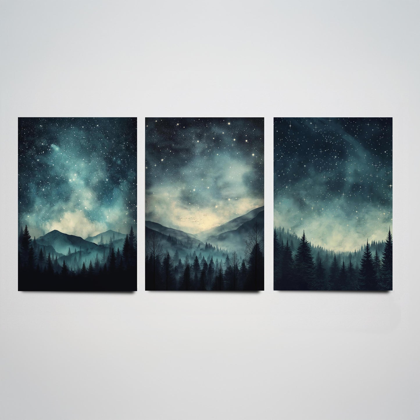 Set of Three Starry Night Art Prints - Teal Sky Misty Mountain Pine Forest Poster - Celestial Illustration Gift V3