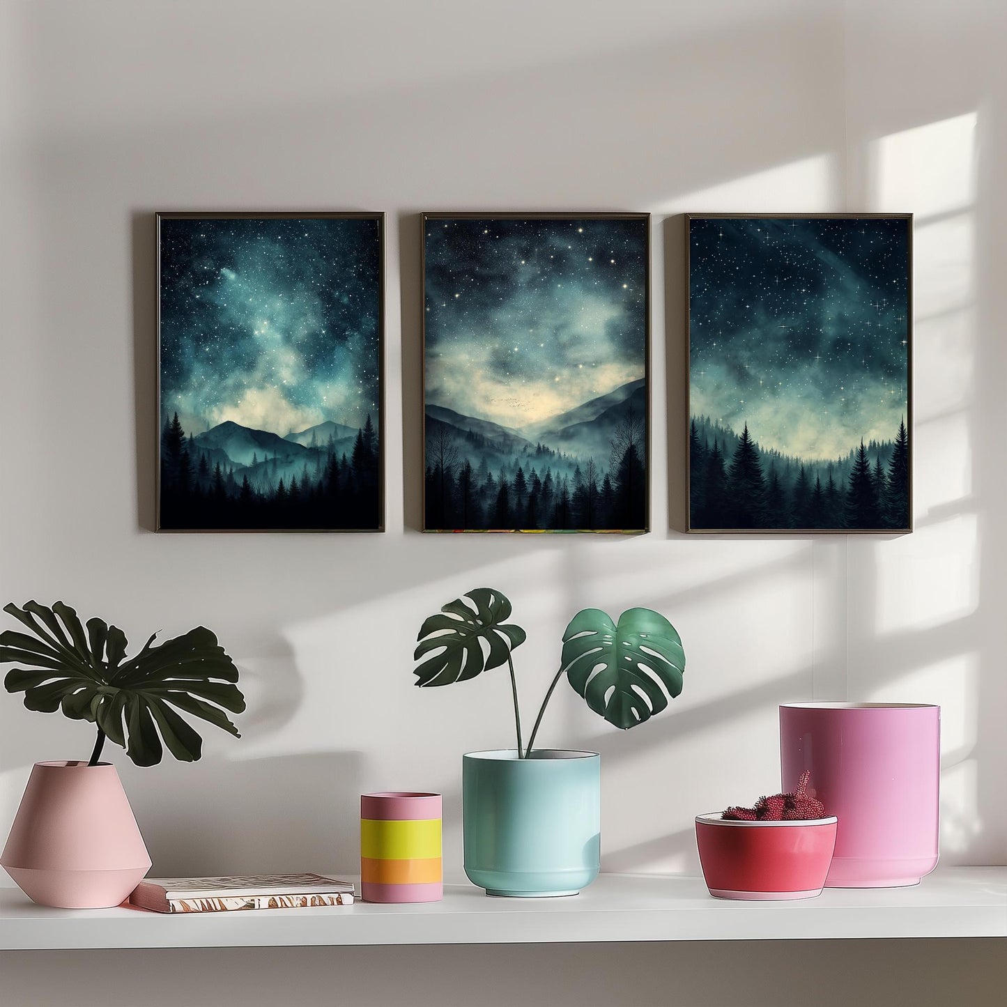 Set of Three Starry Night Art Prints - Teal Sky Misty Mountain Pine Forest Poster - Celestial Illustration Gift V3