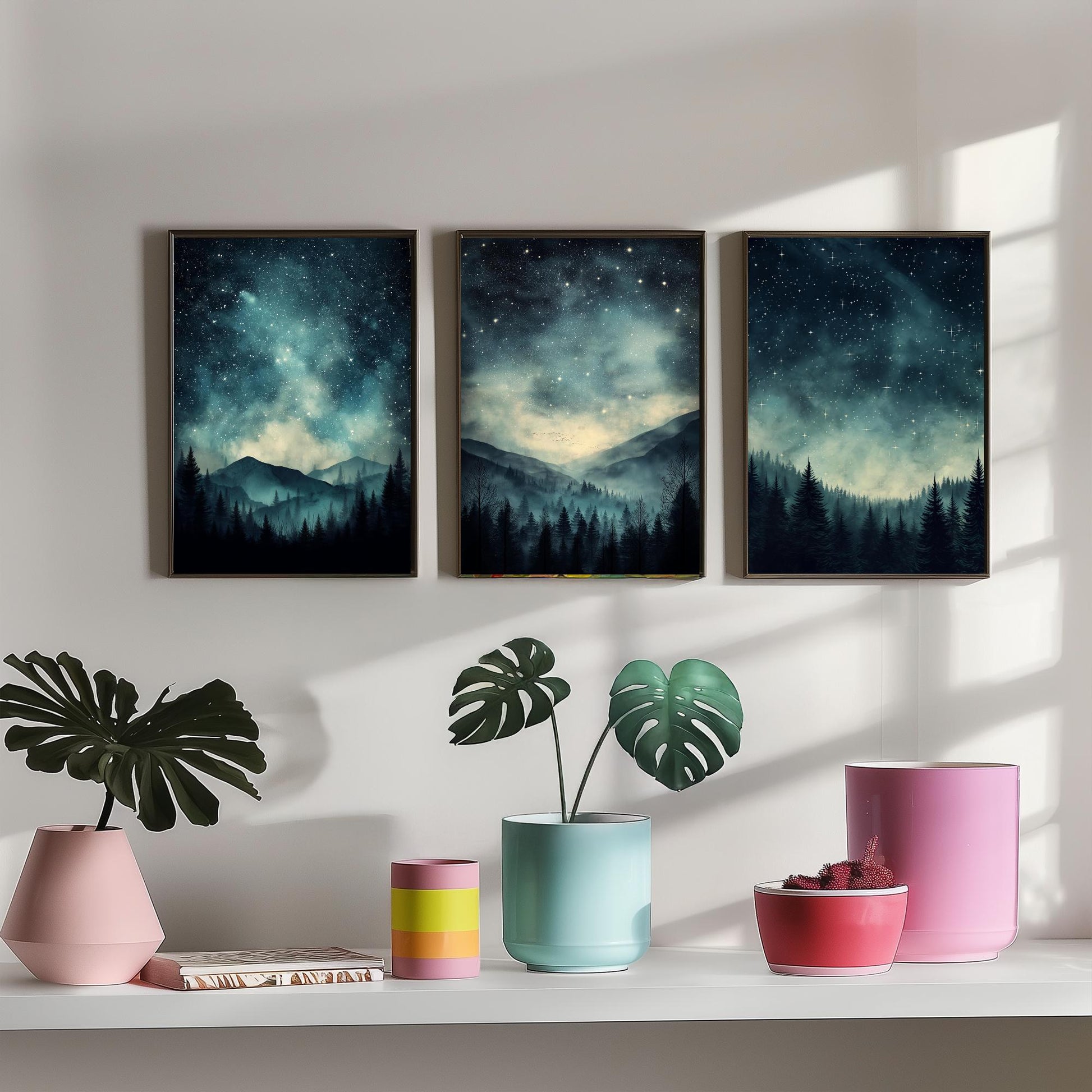 Set of Three Starry Night Art Prints - Teal Sky Misty Mountain Pine Forest Poster - Celestial Illustration Gift V3