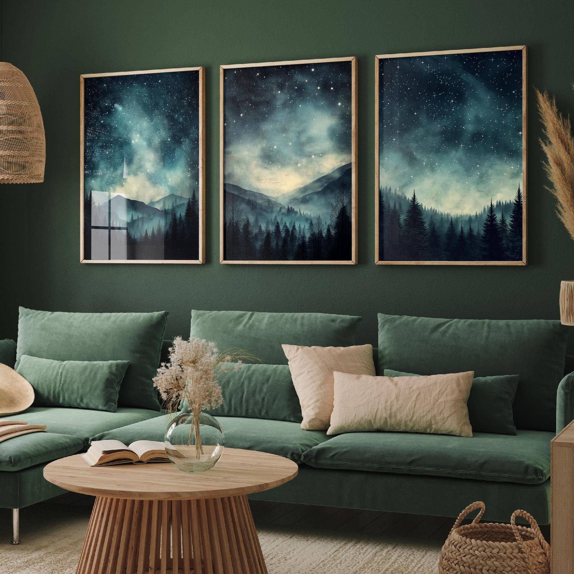 Set of Three Starry Night Art Prints - Teal Sky Misty Mountain Pine Forest Poster - Celestial Illustration Gift V3