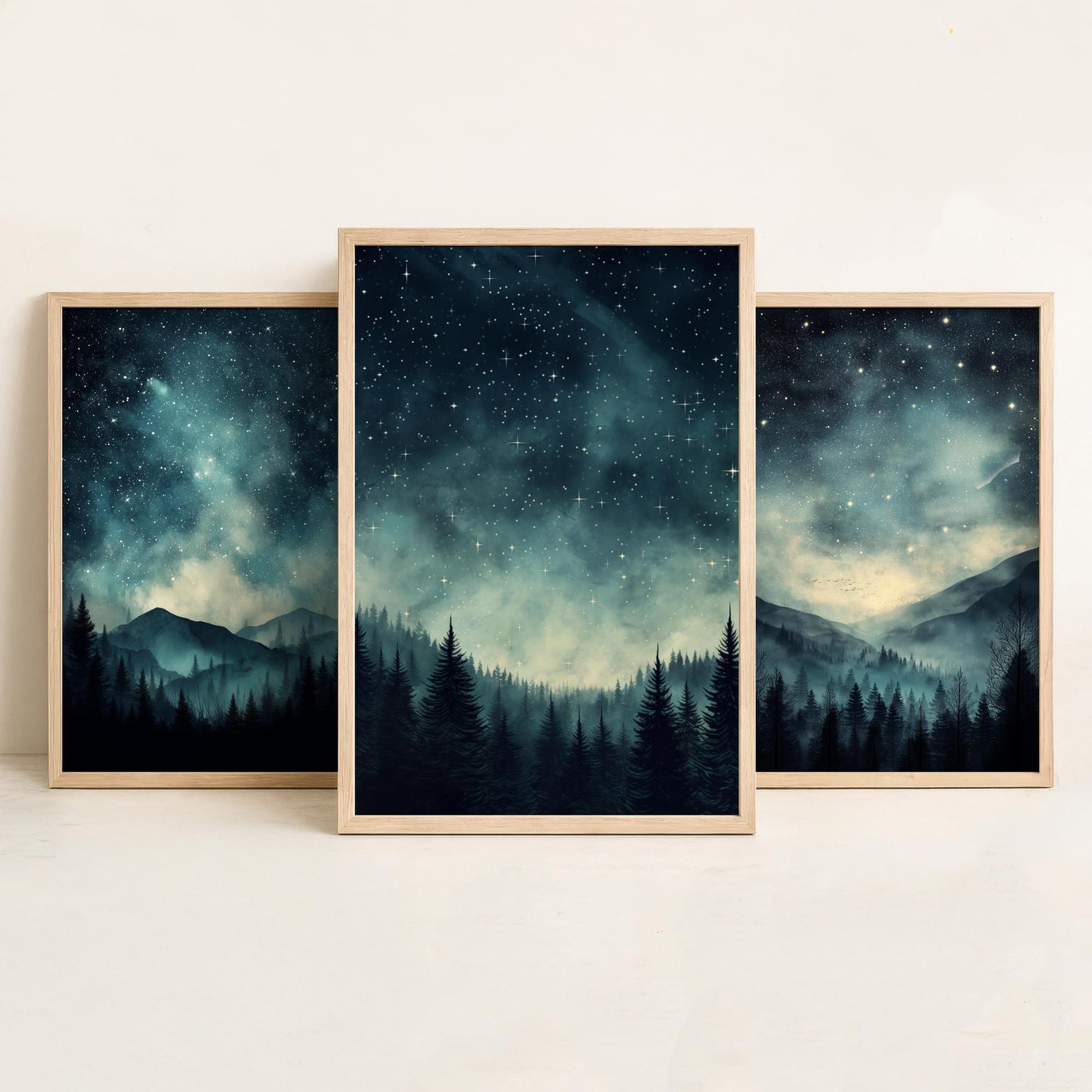 Set of Three Starry Night Art Prints - Teal Sky Misty Mountain Pine Forest Poster - Celestial Illustration Gift V3