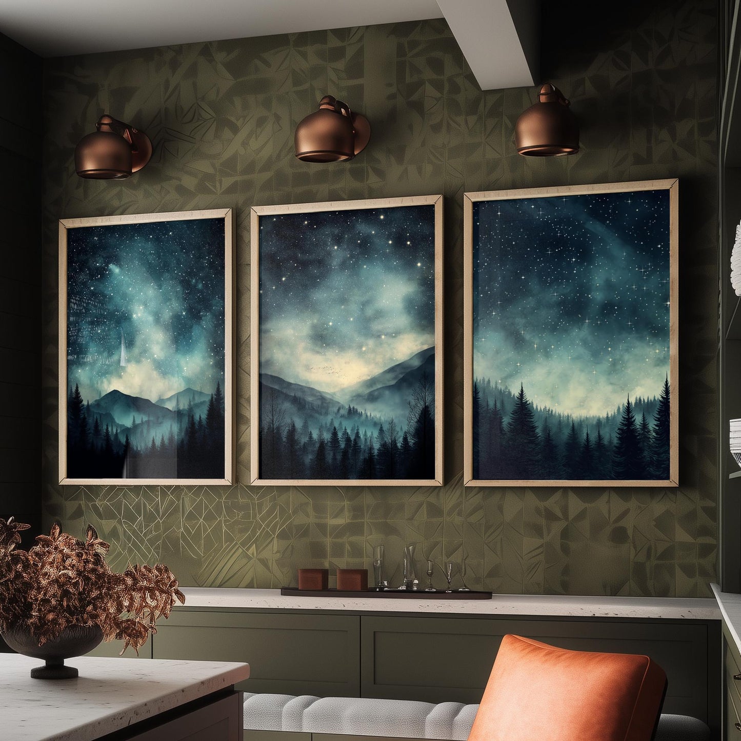Set of Three Starry Night Art Prints - Teal Sky Misty Mountain Pine Forest Poster - Celestial Illustration Gift V3