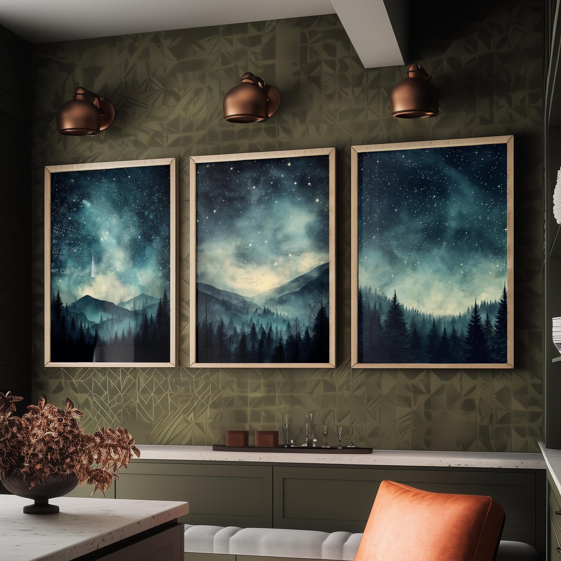Set of Three Starry Night Art Prints - Teal Sky Misty Mountain Pine Forest Poster - Celestial Illustration Gift V3
