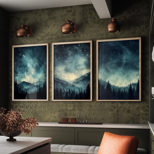 Set of Three Starry Night Art Prints - Teal Sky Misty Mountain Pine Forest Poster - Celestial Illustration Gift V3