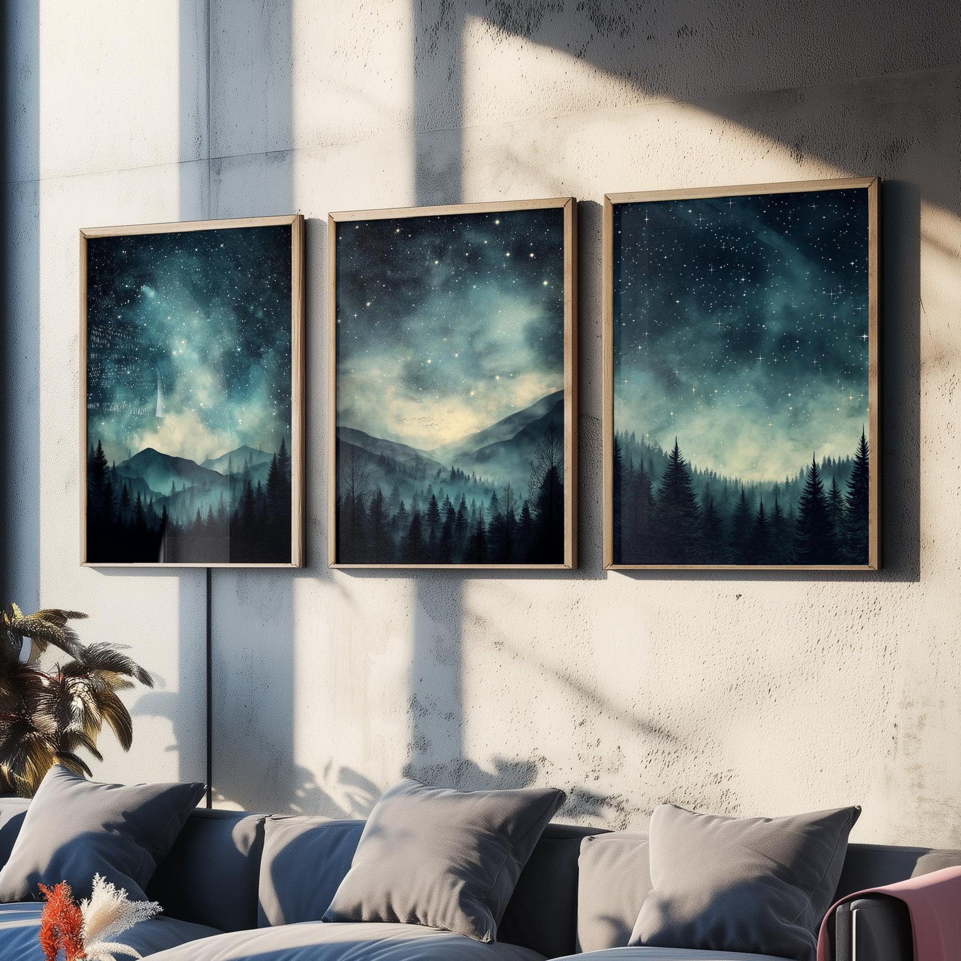 Set of Three Starry Night Art Prints - Teal Sky Misty Mountain Pine Forest Poster - Celestial Illustration Gift V3