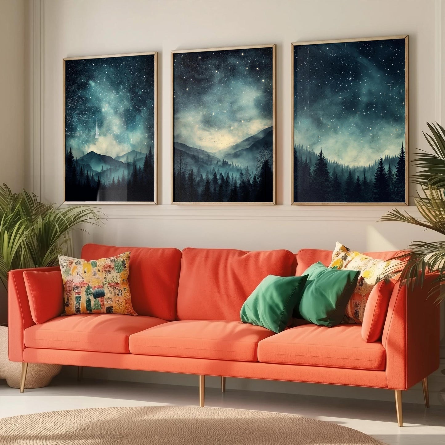 Set of Three Starry Night Art Prints - Teal Sky Misty Mountain Pine Forest Poster - Celestial Illustration Gift V3