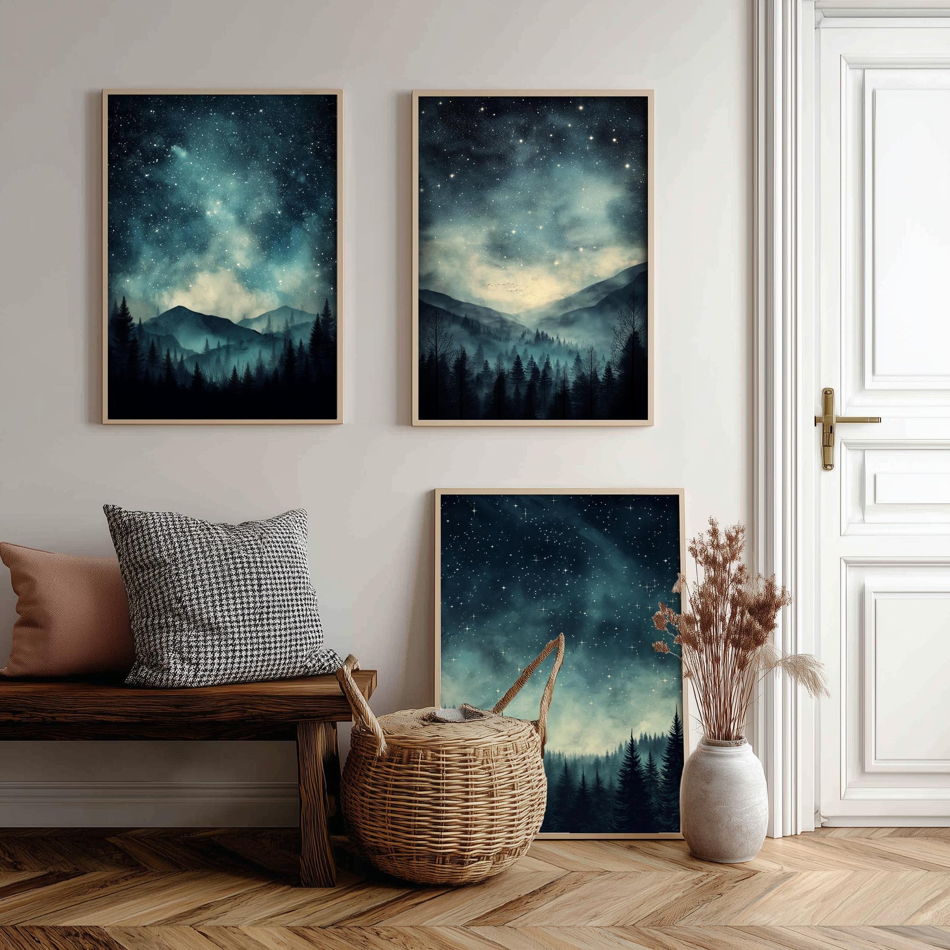 Set of Three Starry Night Art Prints - Teal Sky Misty Mountain Pine Forest Poster - Celestial Illustration Gift V3